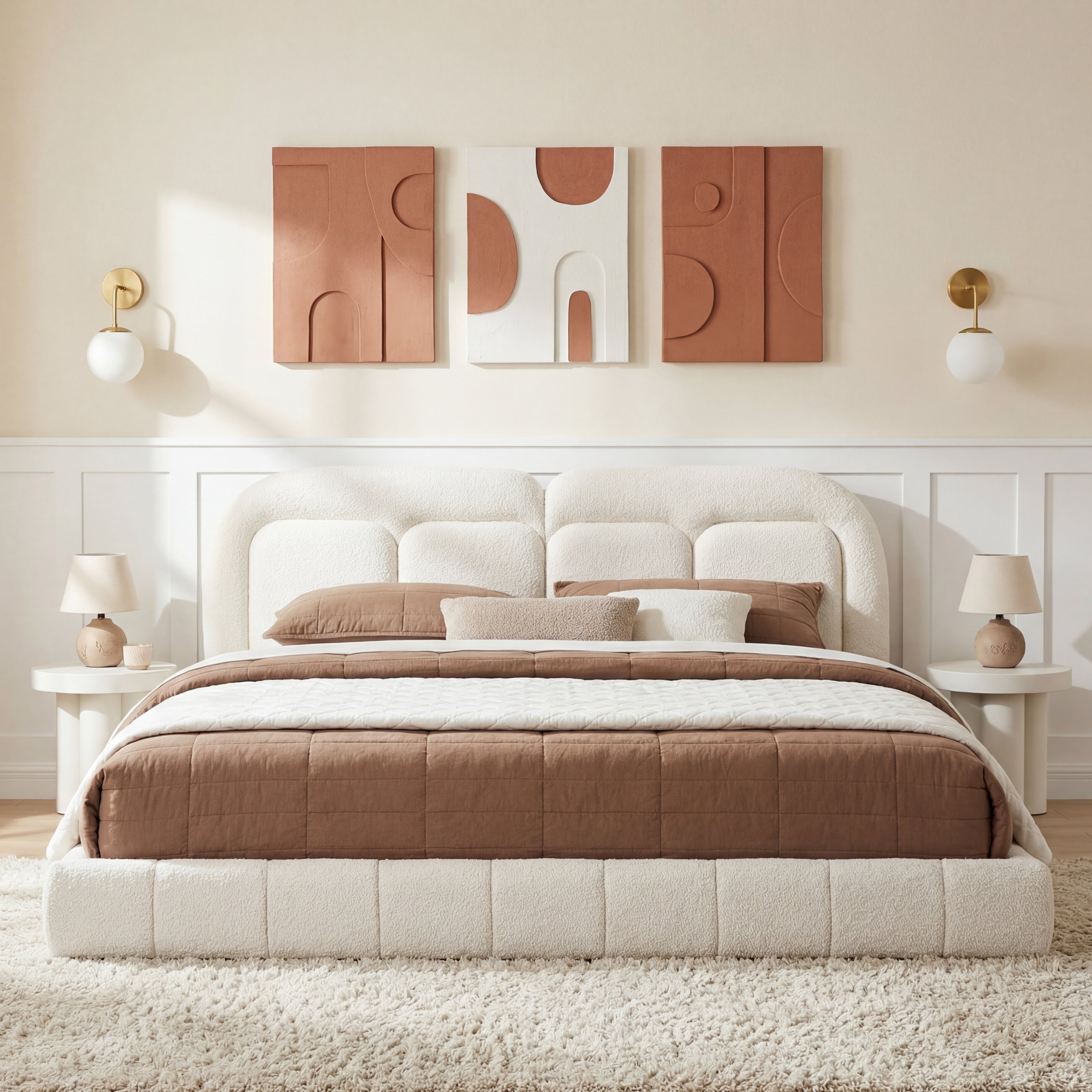 King Size Boucle Upholstered Platform Bed with Tufted Headboard