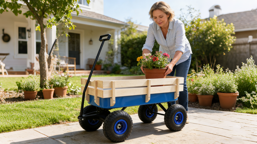Outdoor Wagon All Terrain Pulling Wood Railing Air Tires Garden Cart