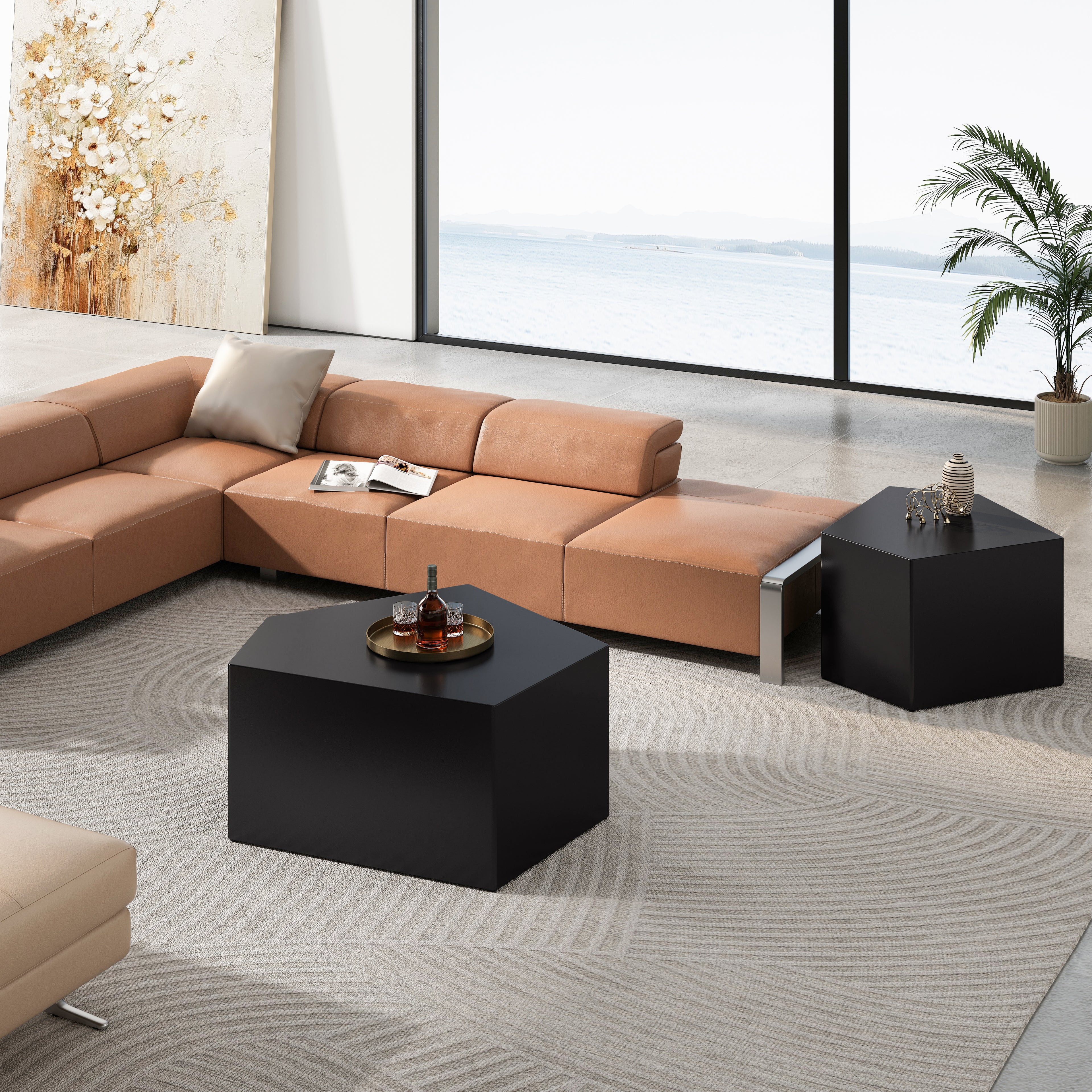 Irregular Pentagon Nesting Coffee Table Set - Black, Set of 2