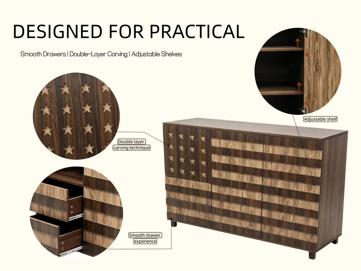 55-Inch Two-Tone Wood Sideboard Buffet Cabinet, Star-Cutout Design, Natural Walnut