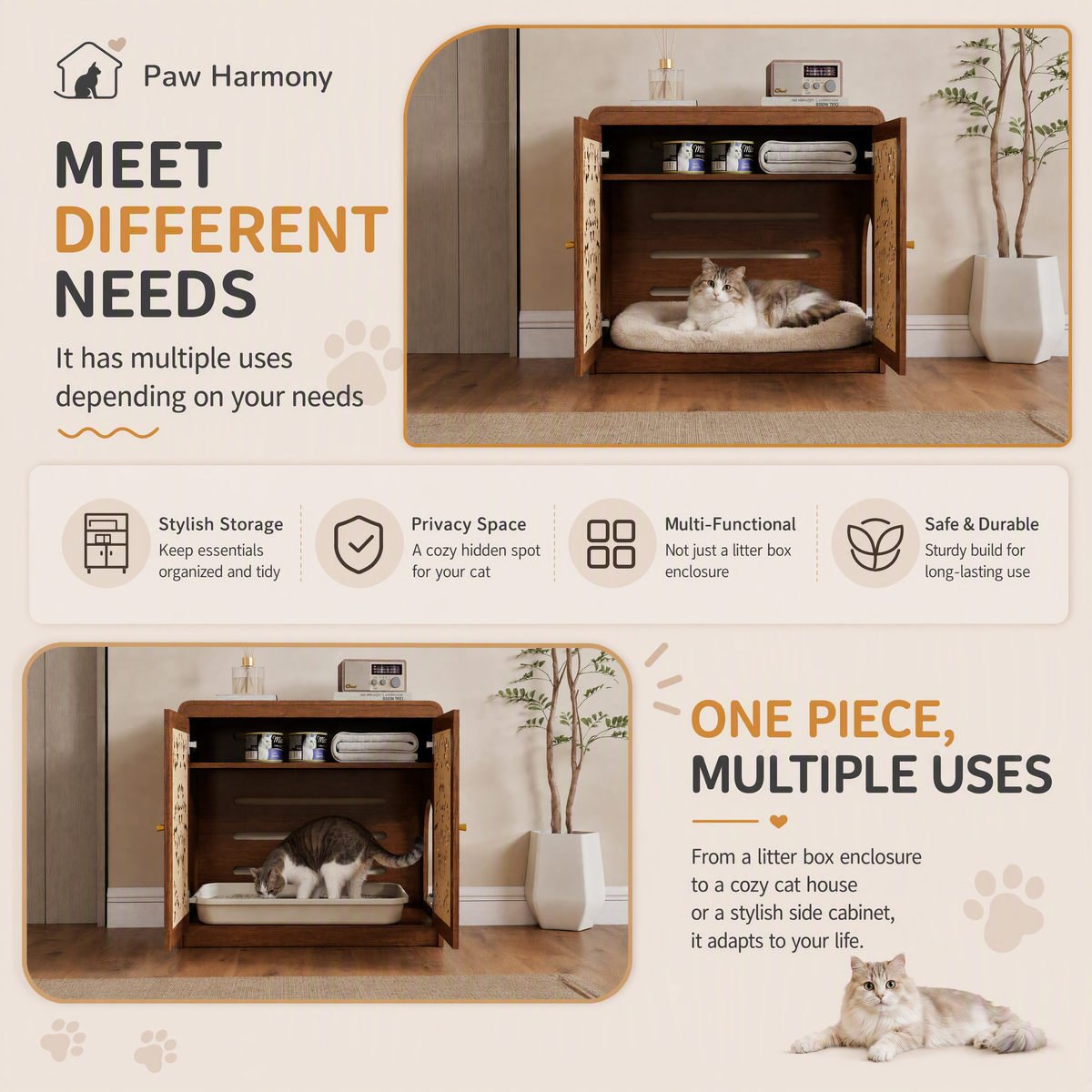 Walnut  Hollow‑Carved Cat Litter Box Enclosure Cabinet, Multi‑Purpose Sideboard with Vent & Large Cat Entry for Living Room & Entryway. Note: Litter box and cat mat not included.