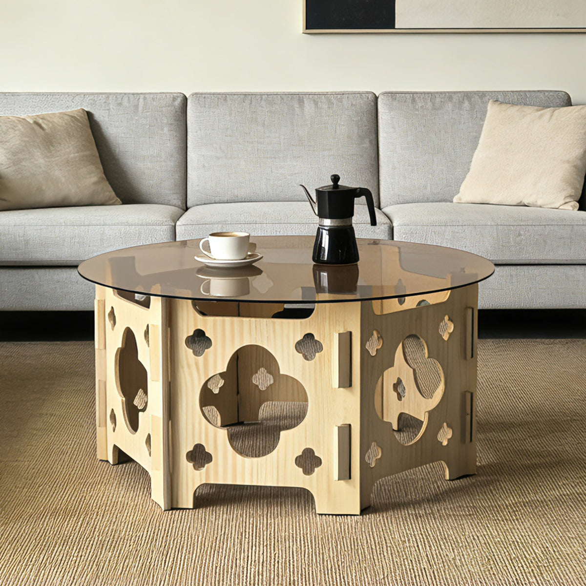 31.1-Inch Round Tempered Glass Coffee Table, Natural Wood and Caramel