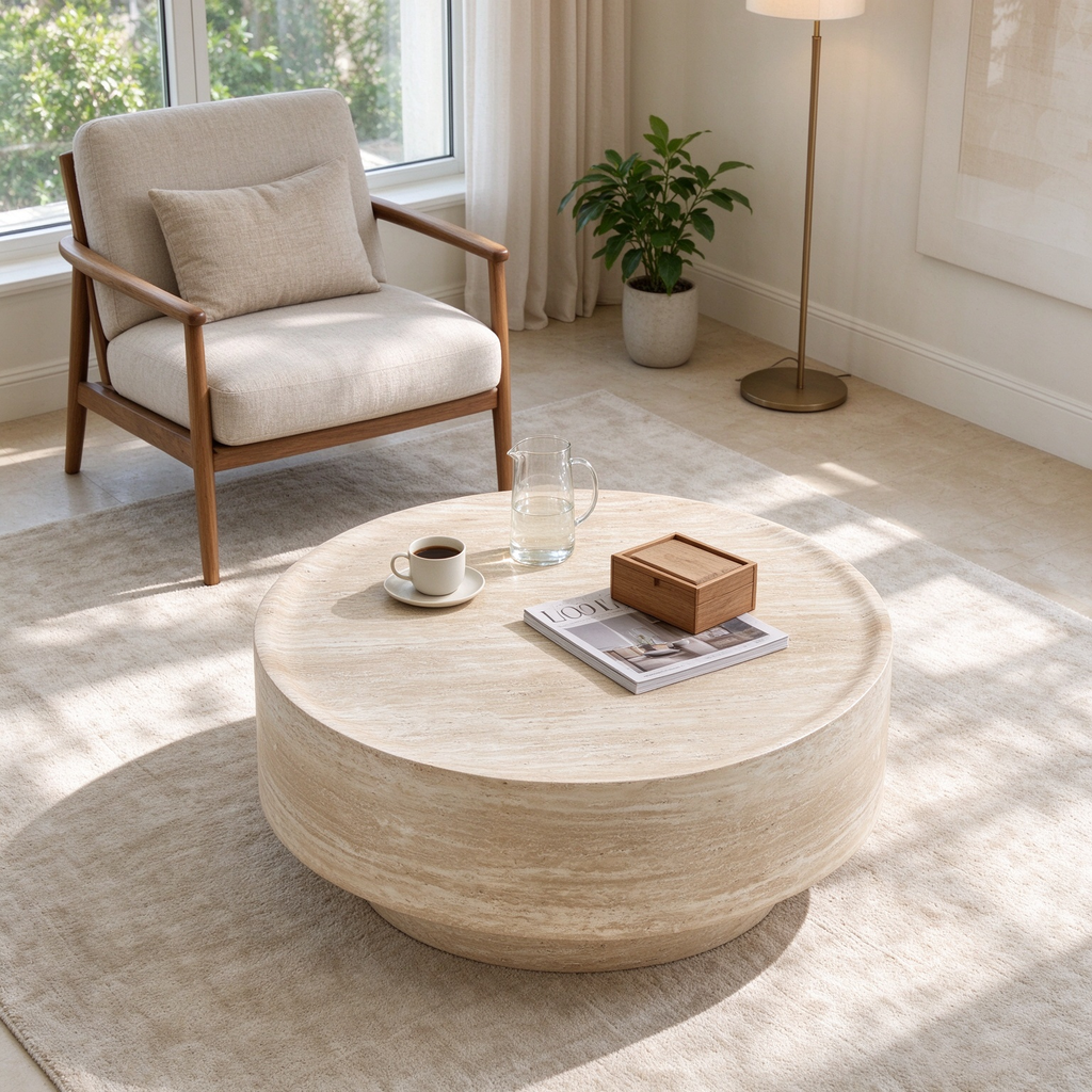 Round 35.43-Inch Coffee Table, Travertine-Look Fiberglass, Beige Yellow