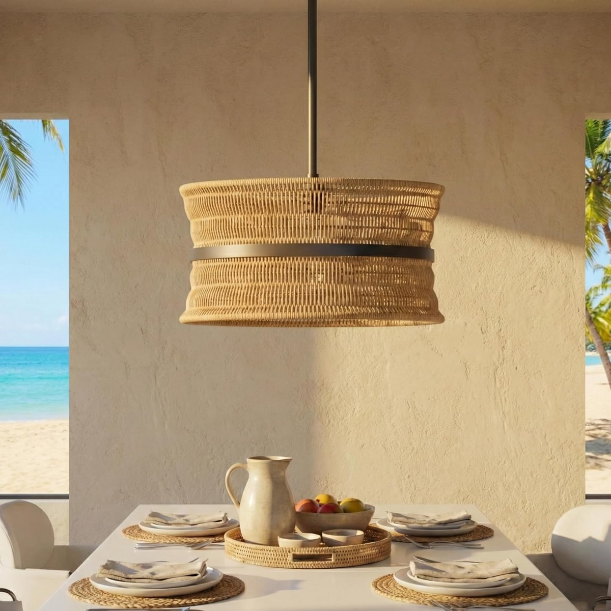 Wicker Boho Chandelier, 4-Light Coastal Rattan Pendant, 18-Inch, Beige