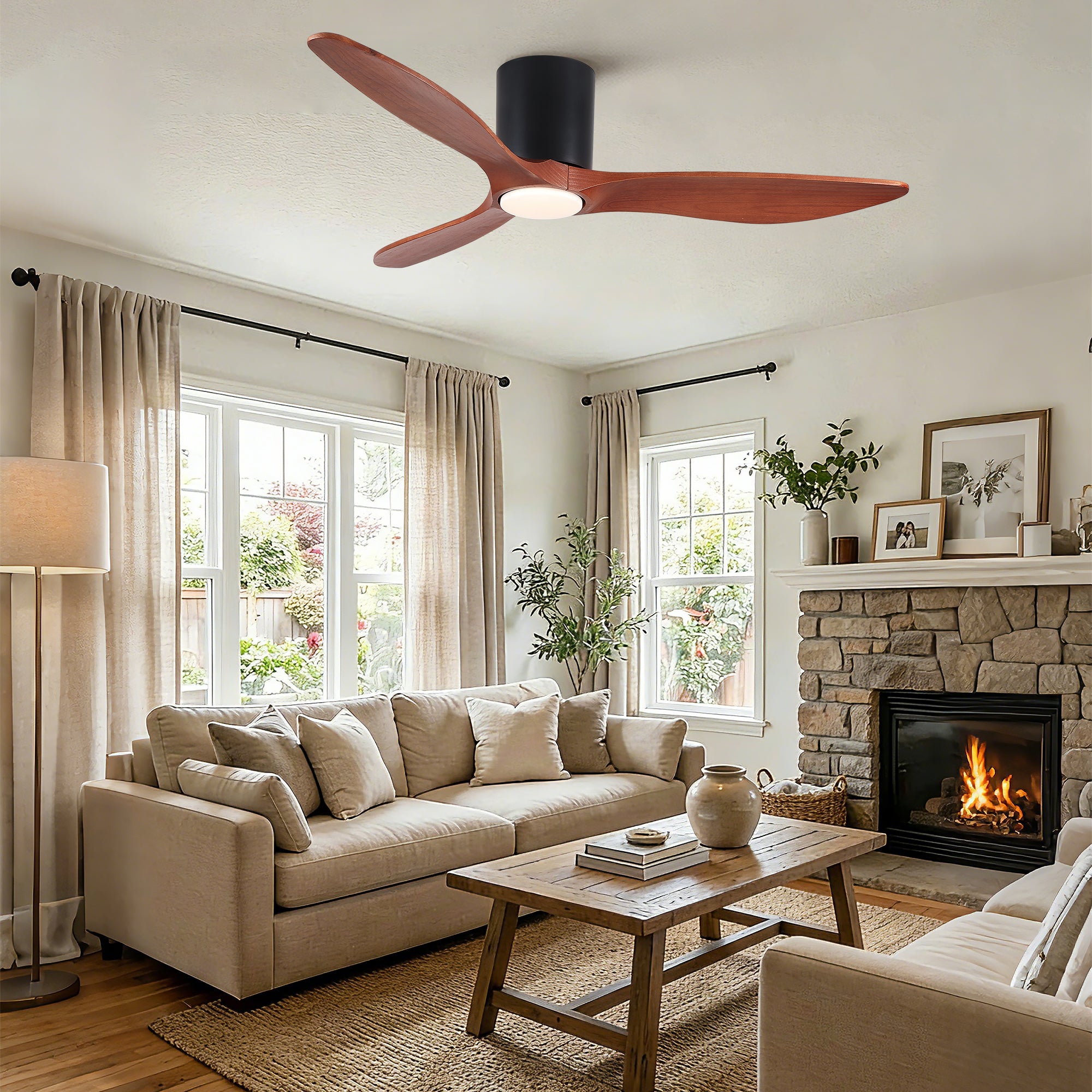 52" Modern Farmhouse Retro Solid Wood Low Profile Flush Mount Ceiling Fan