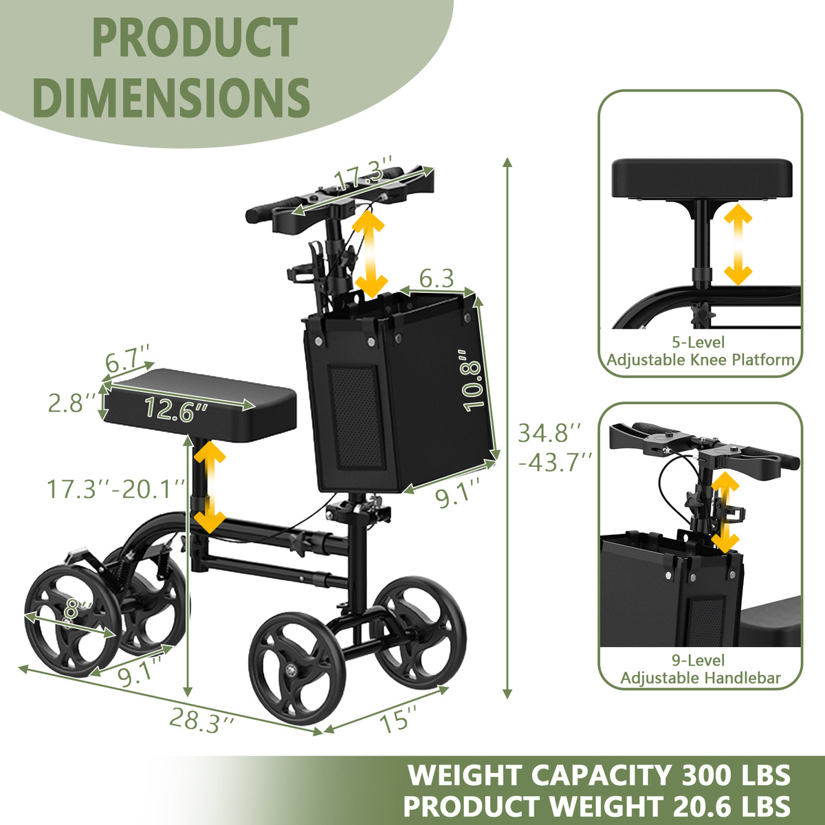 Knee Scooter for Adults with 8-Inch Wheels, Dual Brakes, Adjustable Handlebar, Black