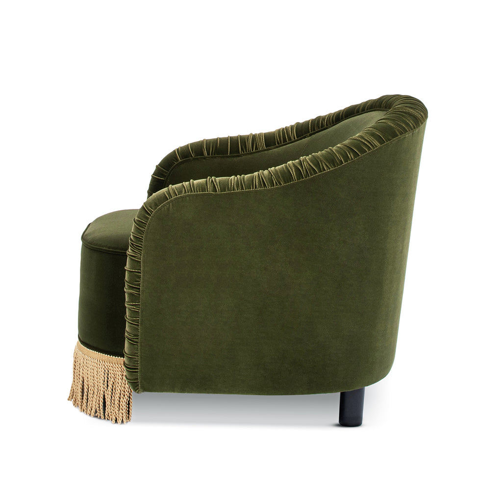 Serena 31.5" Ruched Barrel Back Accent Arm Chair with Bullion Fringe