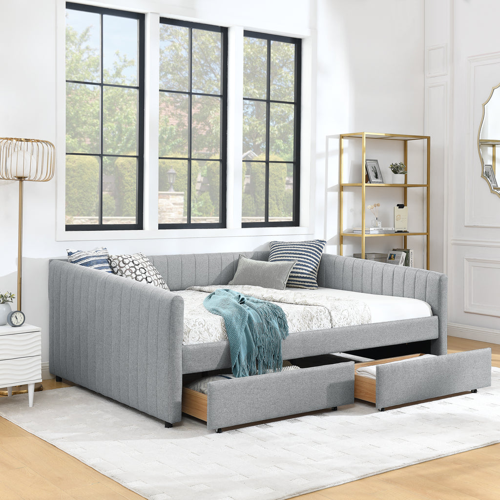 Queen Size Daybed with Two Drawers Trundle Upholstered Sofa Bed