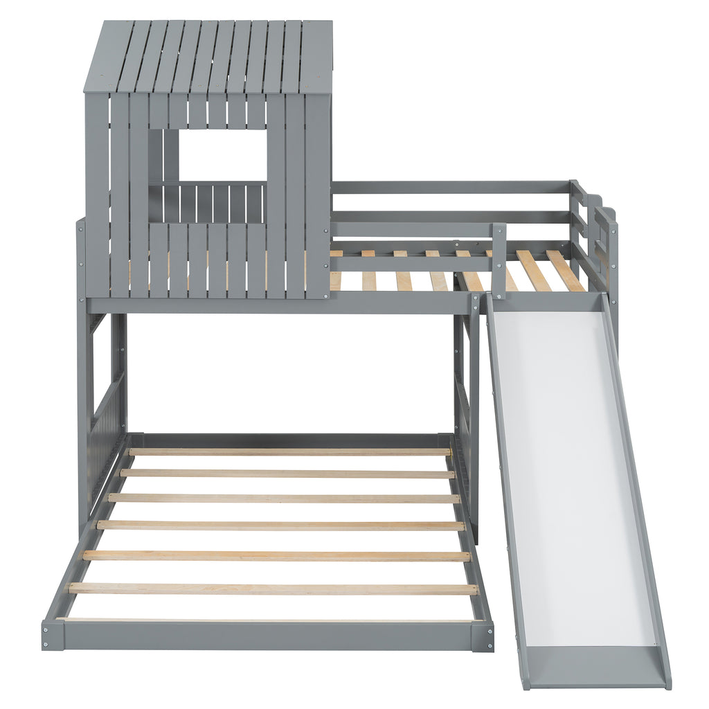 Wooden Twin Over Full Bunk Bed, Loft Bed with Playhouse