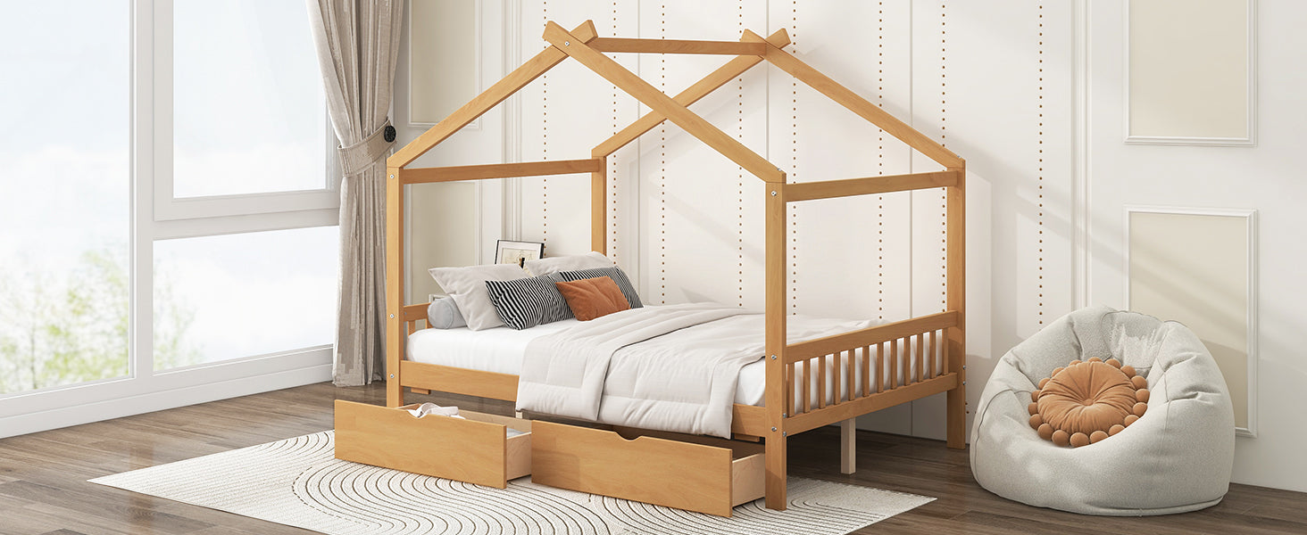 Full Size House Platform Bed with Two Drawers, Headboard and Footboard, Roof Design