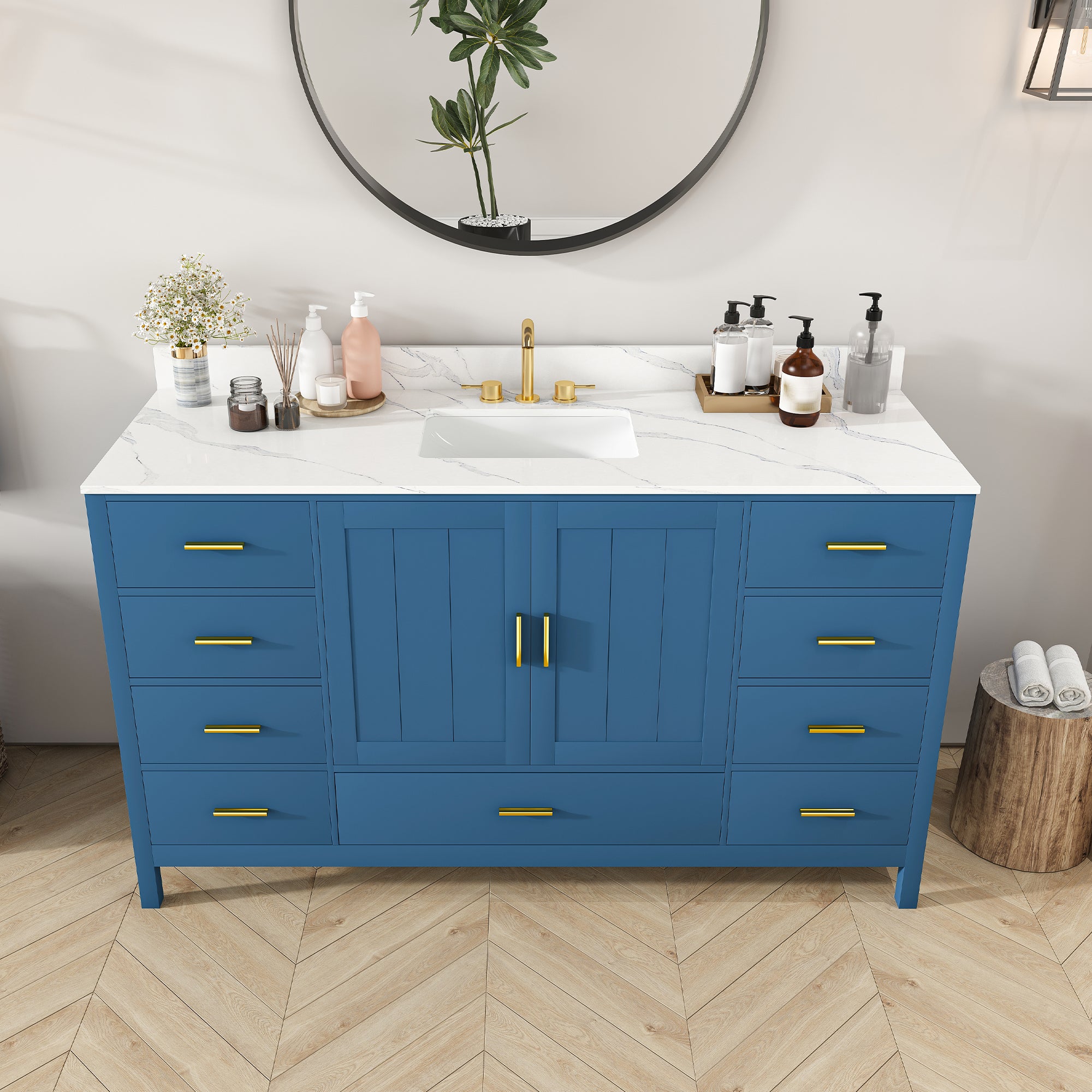 60" Modern Solid Wood Bathroom Vanity with Sink, 61" Carrara