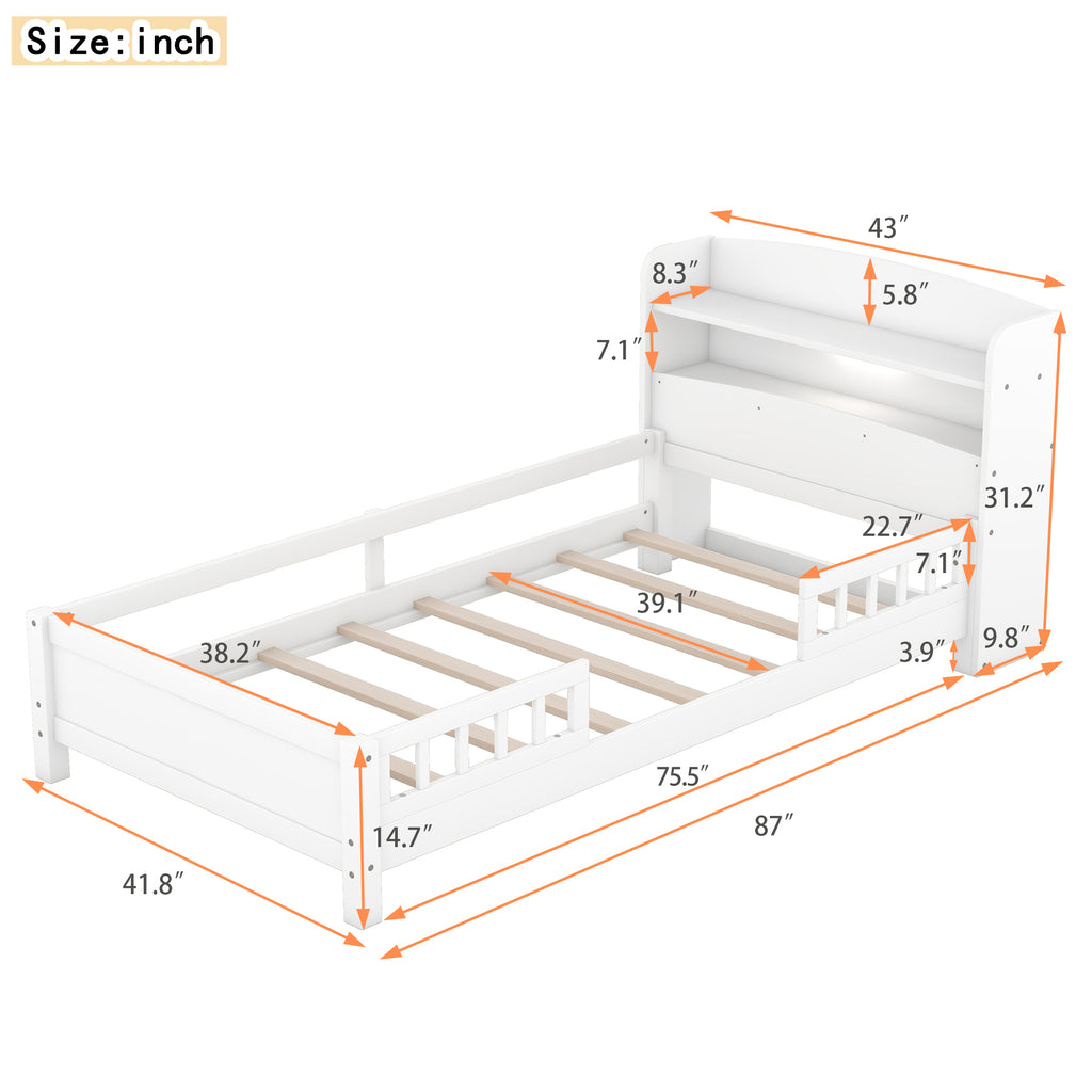 Wood Twin Size Platform Bed with Built-in LED Light, Storage Headboard and Guardrail