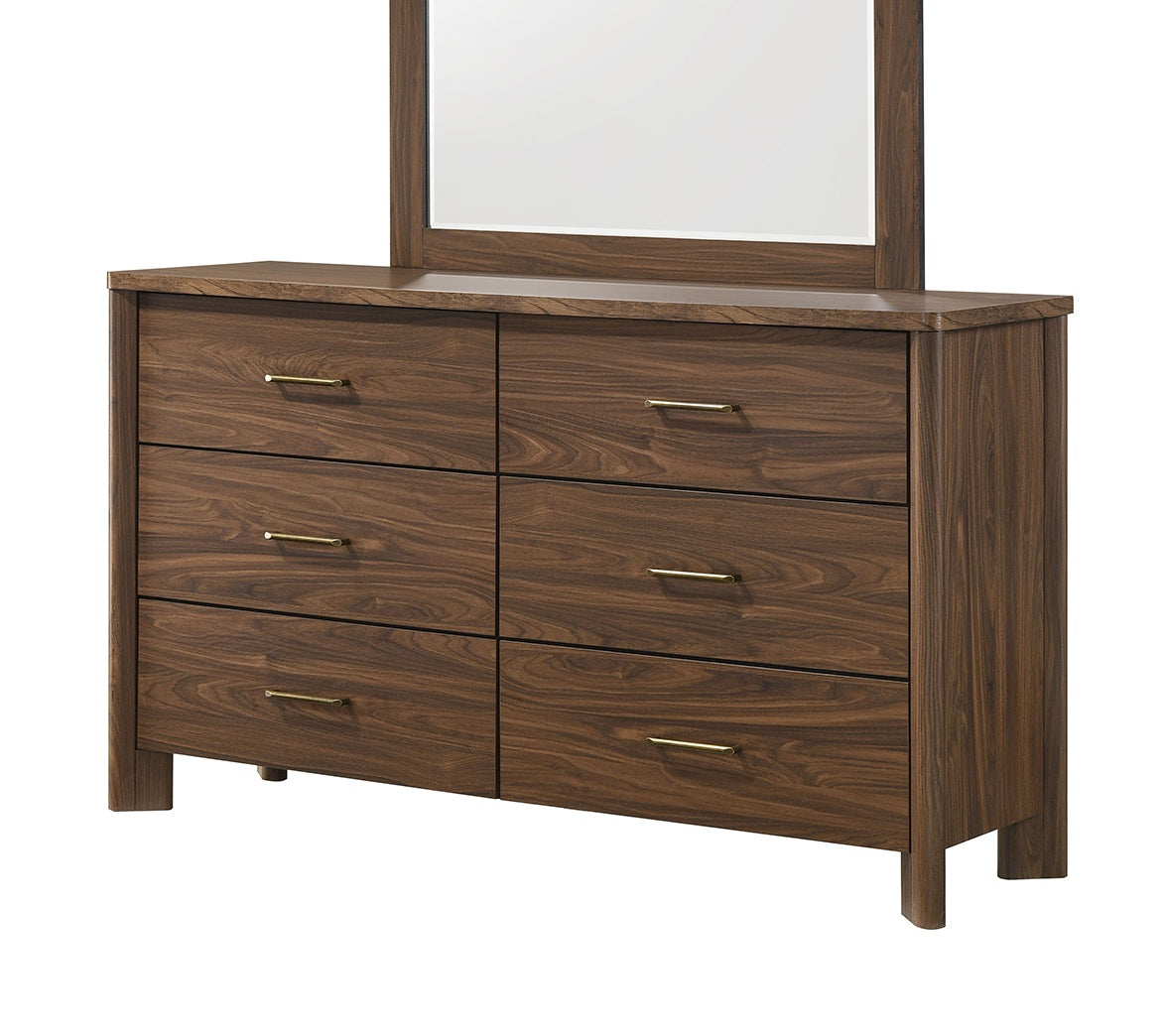 Walnut Color Dresser 6-Drawers Bedroom Furniture Solid wood Mid-Century Modern Rounded Edges 1pc