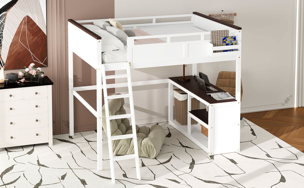 Queen Size Loft Bed With Desk, Open Shelf And Storage Box