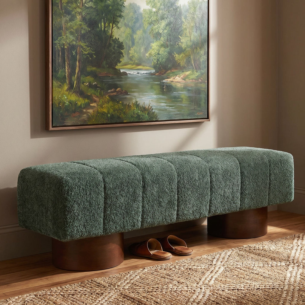 Green Boucle Upholstered Indoor Dining Bench