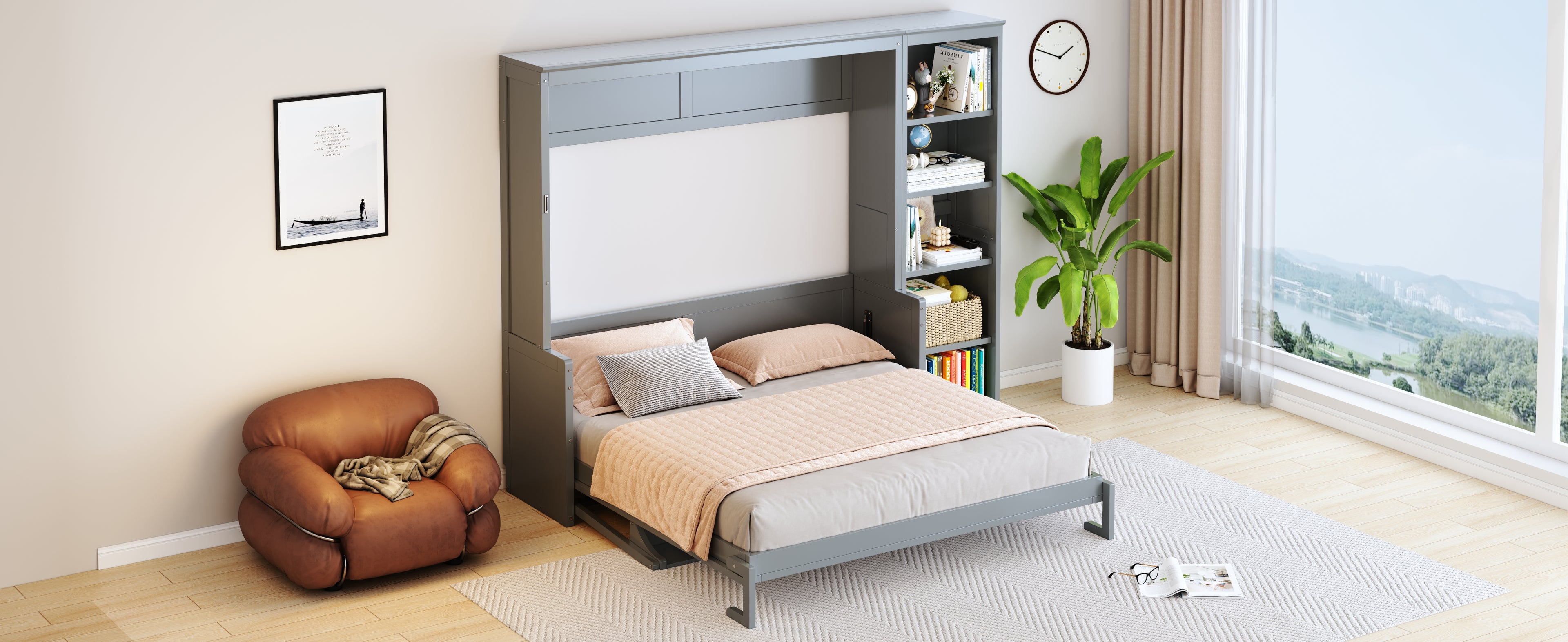Queen Size Murphy Bed with Desk and Bookshelf