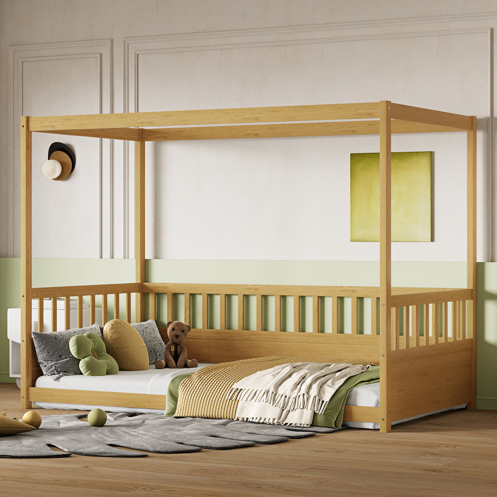 Twin Size Canopy Bed Frame with Guardrails for Kids