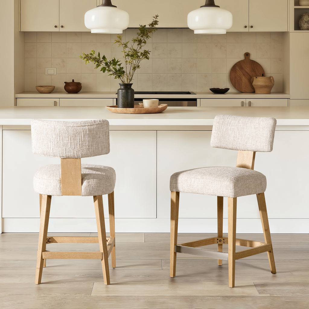 Penny Round Arched Upholstered Counter Stool, Set of 2, Travertine