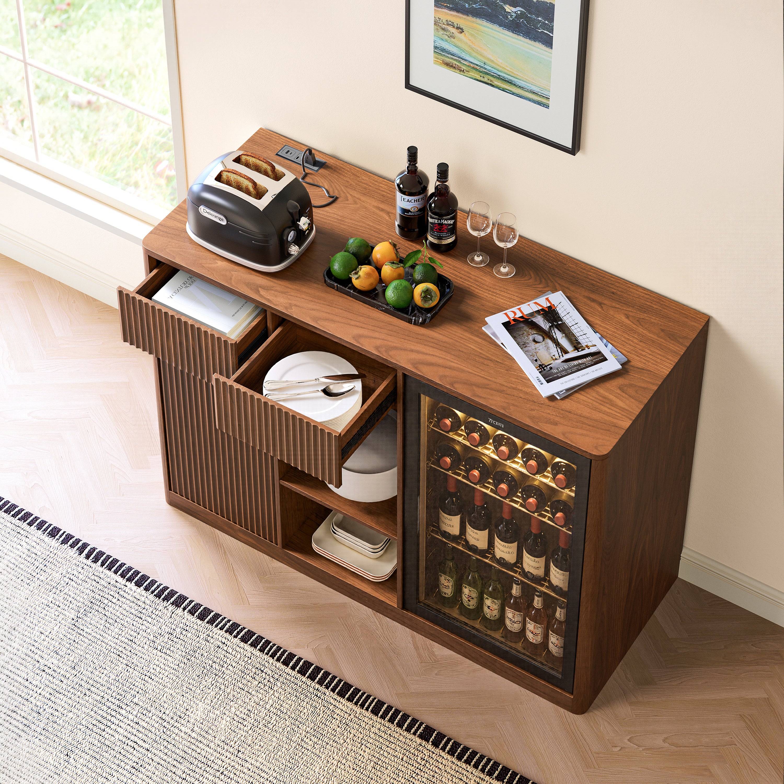 51" Fluted Bar Cabinet with Fridge Space