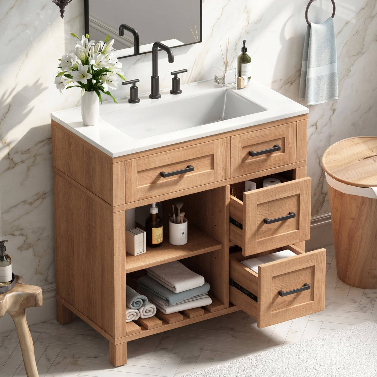 30 Inch Bathroom Vanity with SMC Sink, Ample Storage Space with 2 Drawers, Adjustable Shelves & Open Breathable Hollow Shelf, Solid Wood Legs and Matte