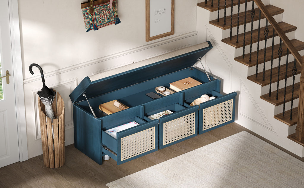 TREXM 48" Entryway Shoe Bench, Retro Style with Rattan Drawers