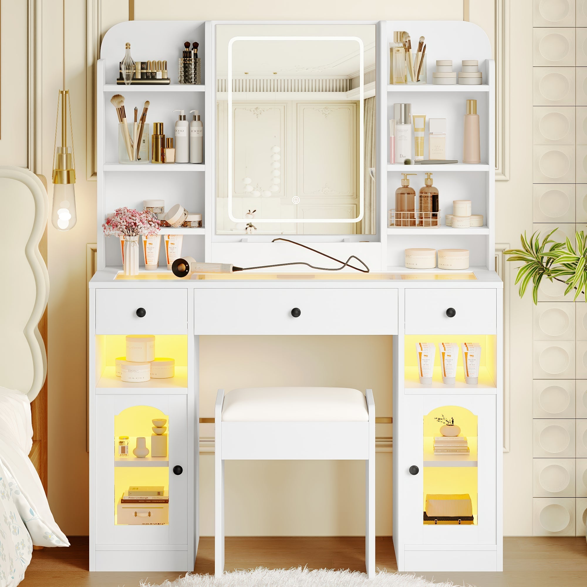 43.2" Vanity Desk with LED Mirror and RGB Light Cabinets