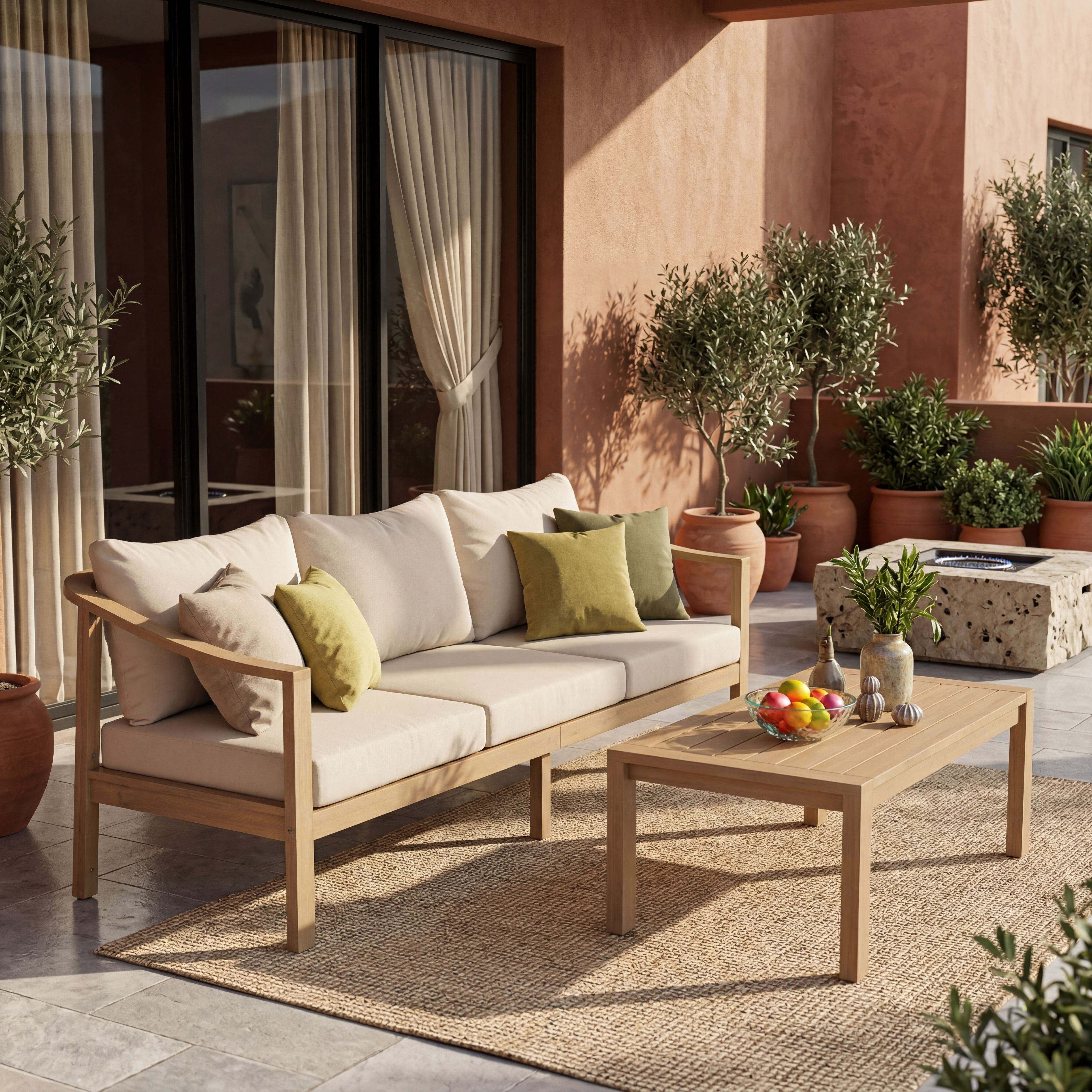 77.95" Outdoor Acacia Wood Frame Three-Seater Sofa