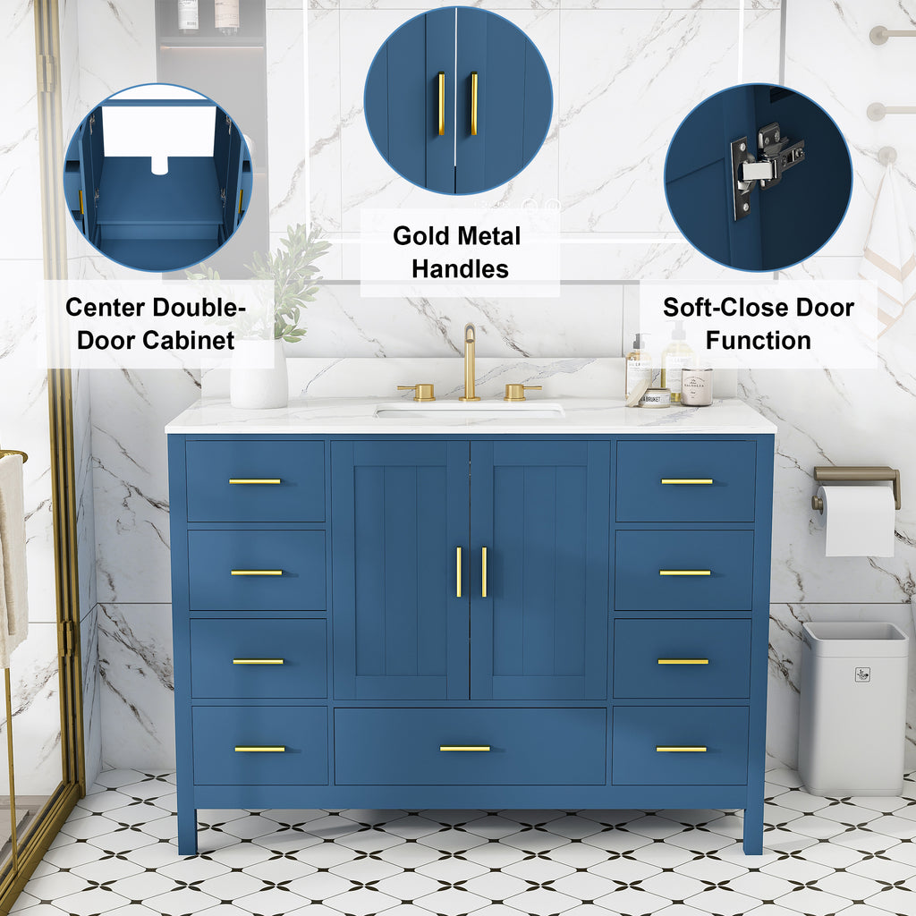 48" Bathroom Vanity Base Cabinet with 2 Soft-Close Double Doors & 9 Smooth Drawers