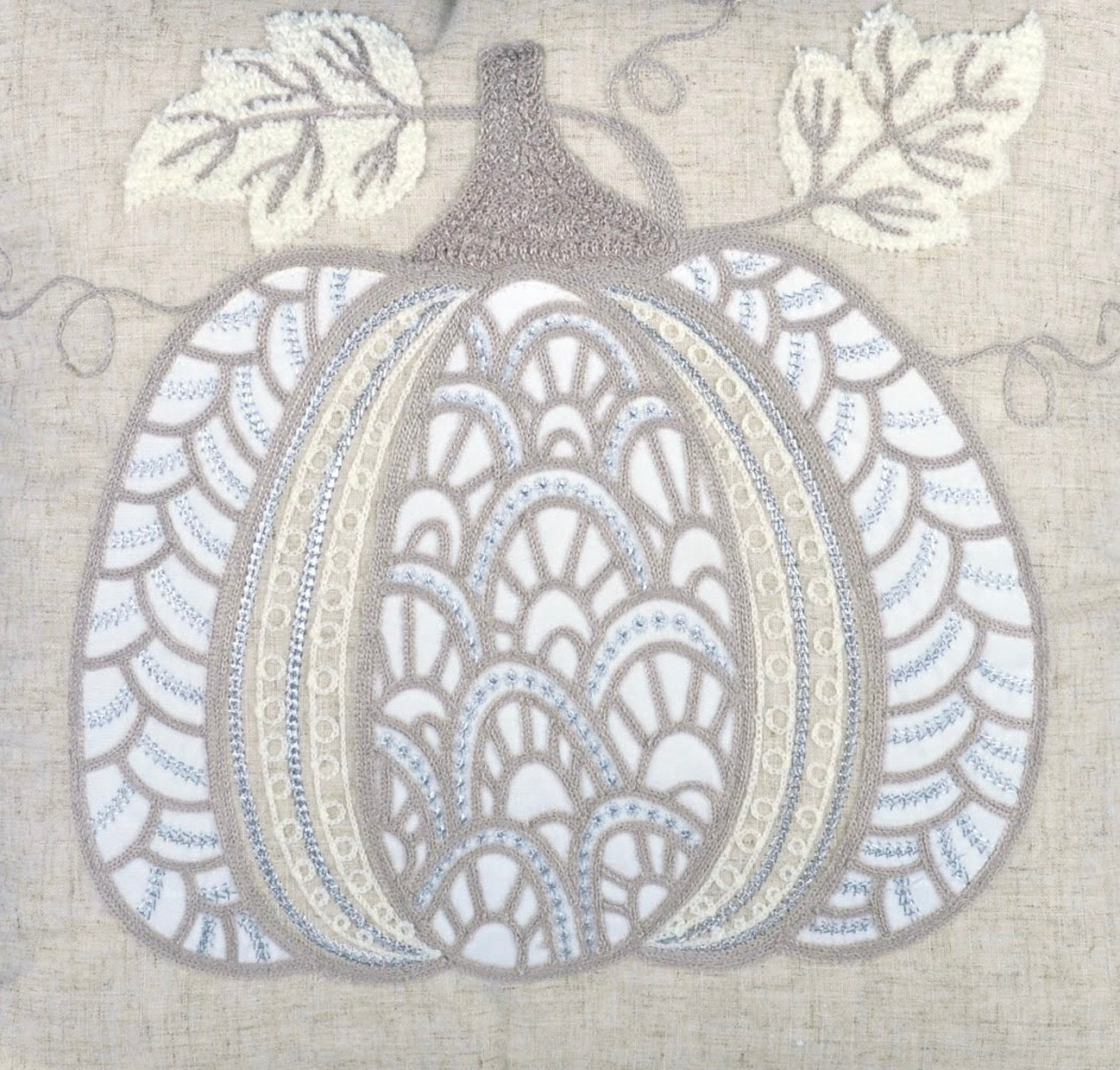 Embroidered Lace Pumpkin Accent Pillow – Neutral Fall Accent Cushion