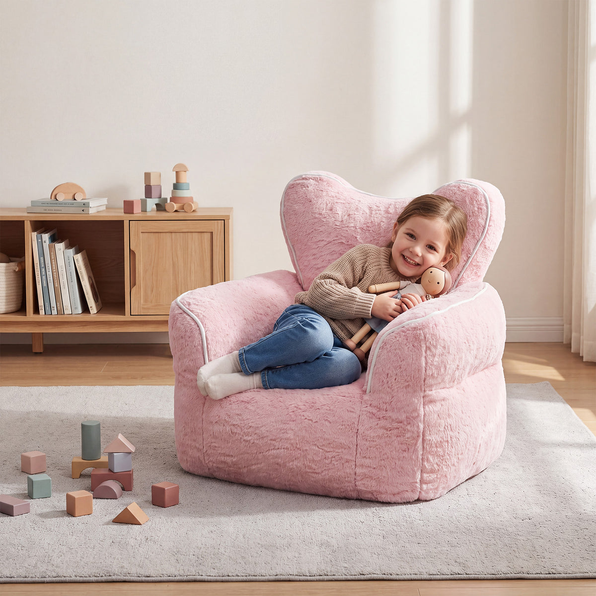 Heart-Shaped Kids Faux Fur Bean Bag Chair, Baby Pink
