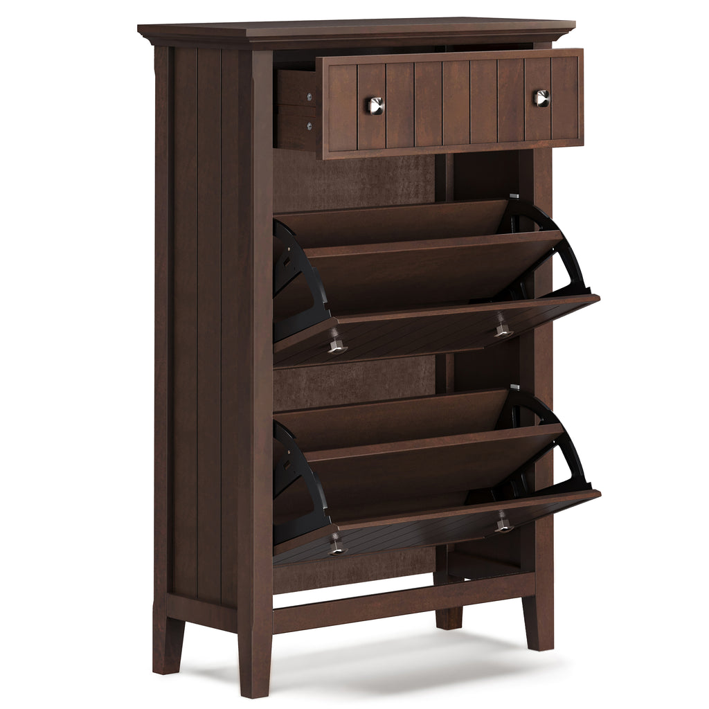 Acadian 32 Inch Wide Solid Wood Entryway Shoe Storage Cabinet in Brunette
