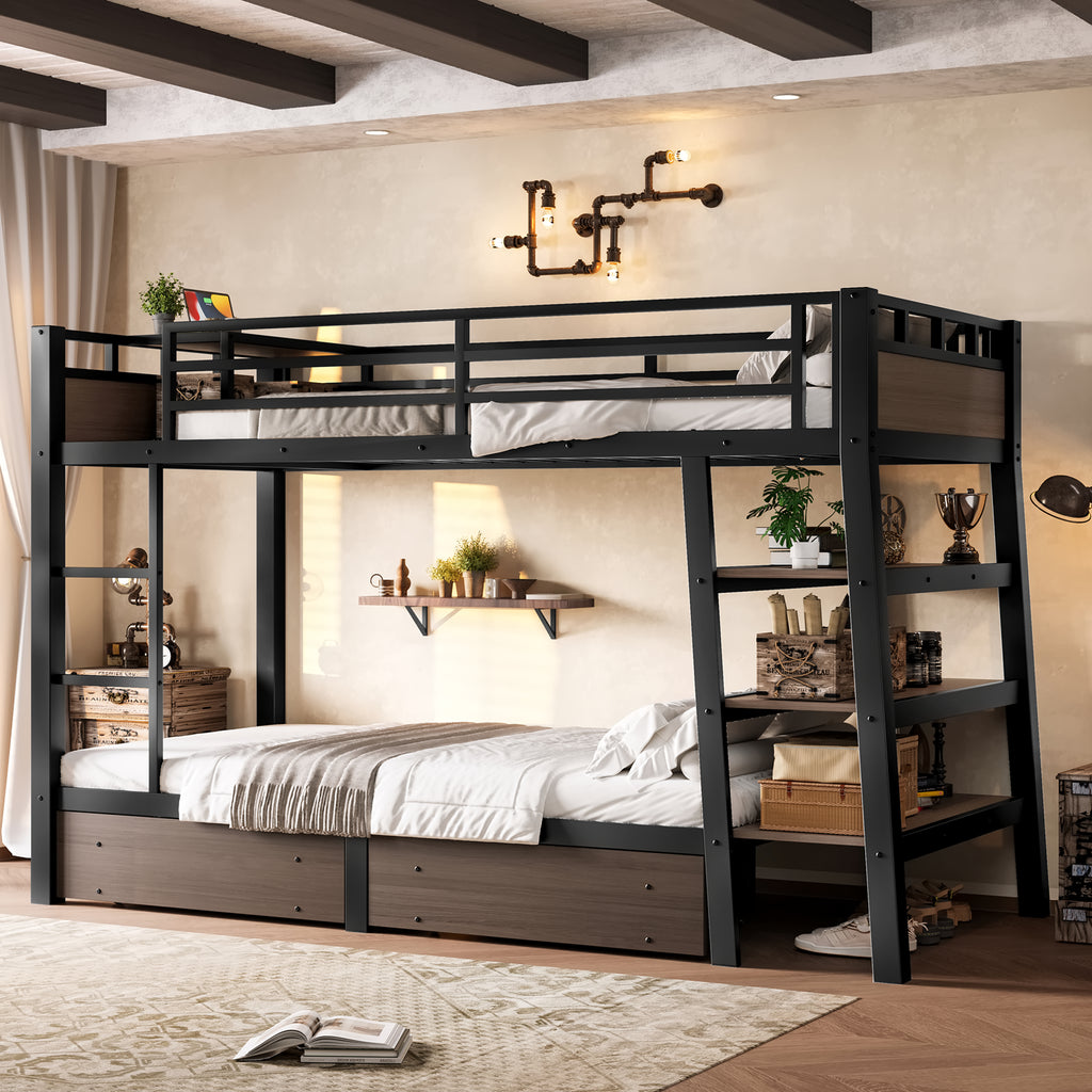 Twin Size Metal Bunk Bed with Storage Shelves and USB Power