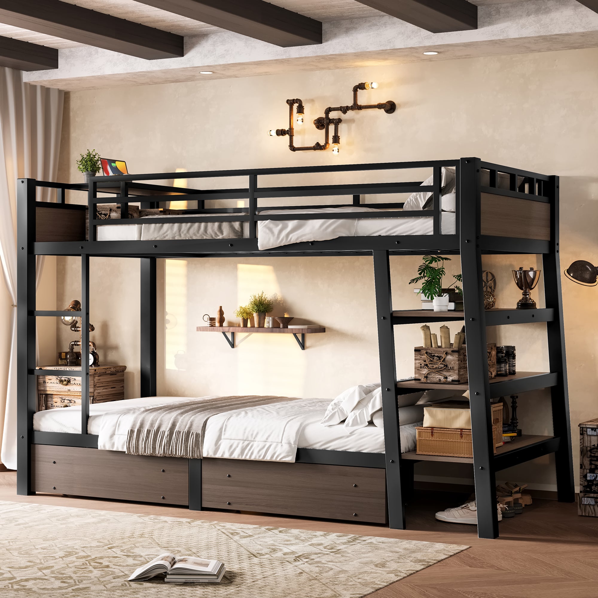 Twin Size Metal Bunk Bed with Storage Shelves and USB Power