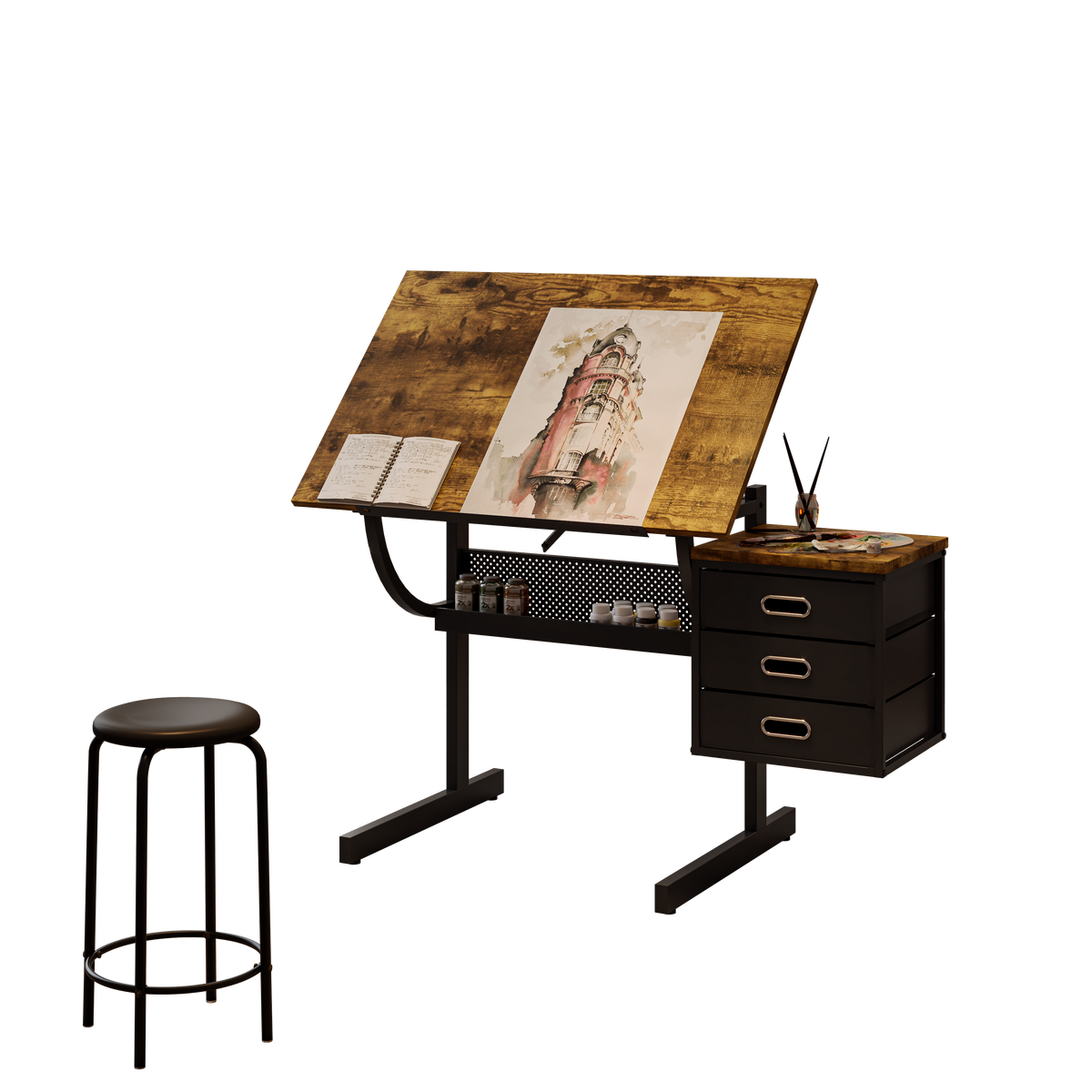 Black Drafting Drawing Table with Adjustable Top, Stool, and 3 Drawers