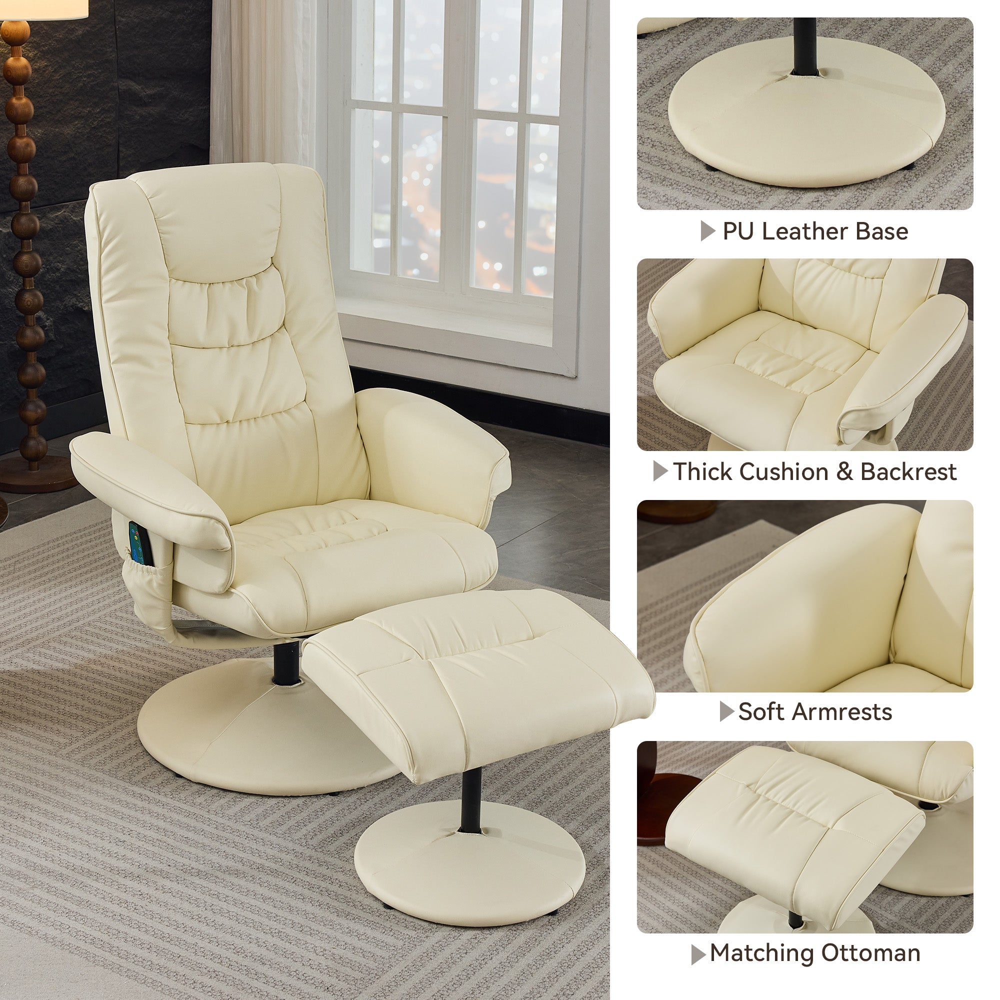 Recliner Chair with Ottoman - 360° Swivel Massage Lounge Chair