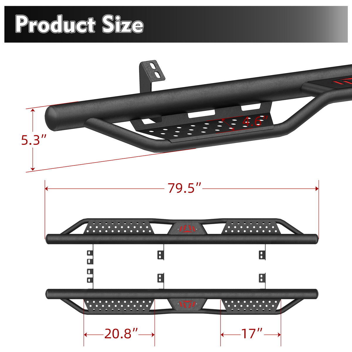 Running Boards Side Steps for 2024–2026 Toyota Tacoma Double Cab, Black or Red