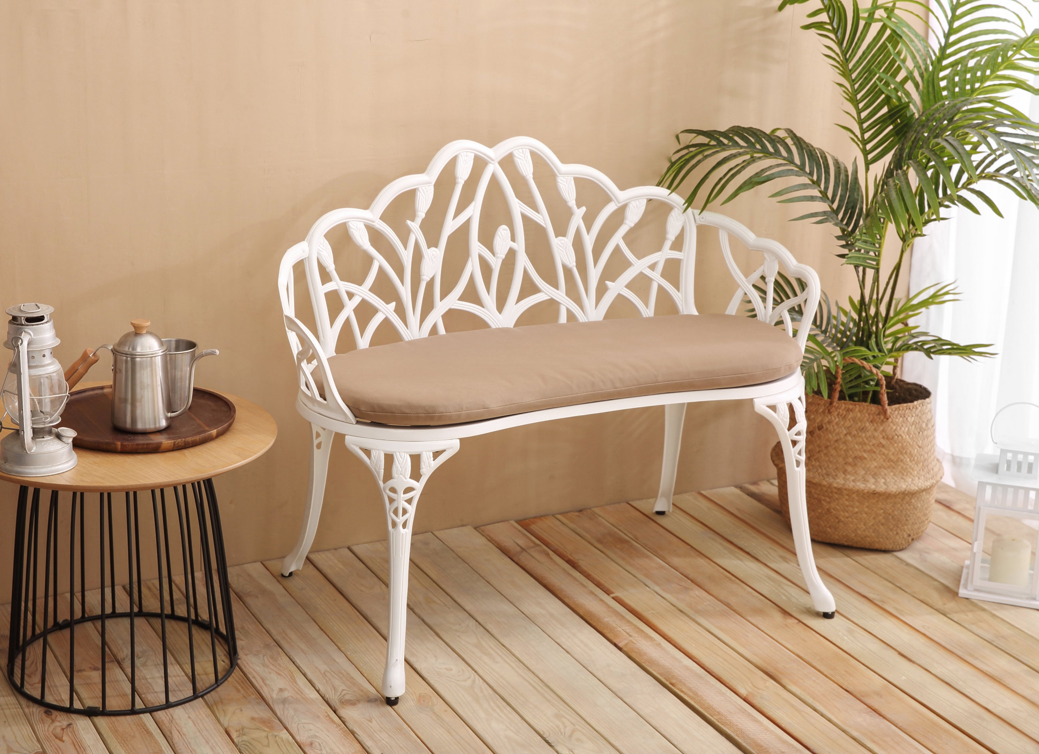 Tulip Patio Garden Bench - Cast Aluminum with Floral Backrest