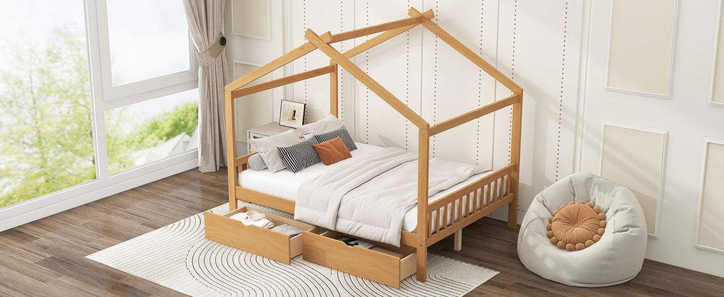 Full Size House Platform Bed with Two Drawers, Headboard and Footboard, Roof Design