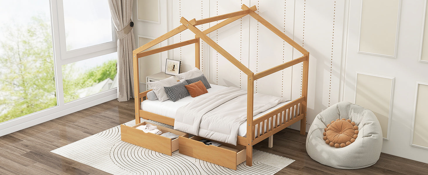Full Size House Platform Bed with Two Drawers, Headboard and Footboard, Roof Design