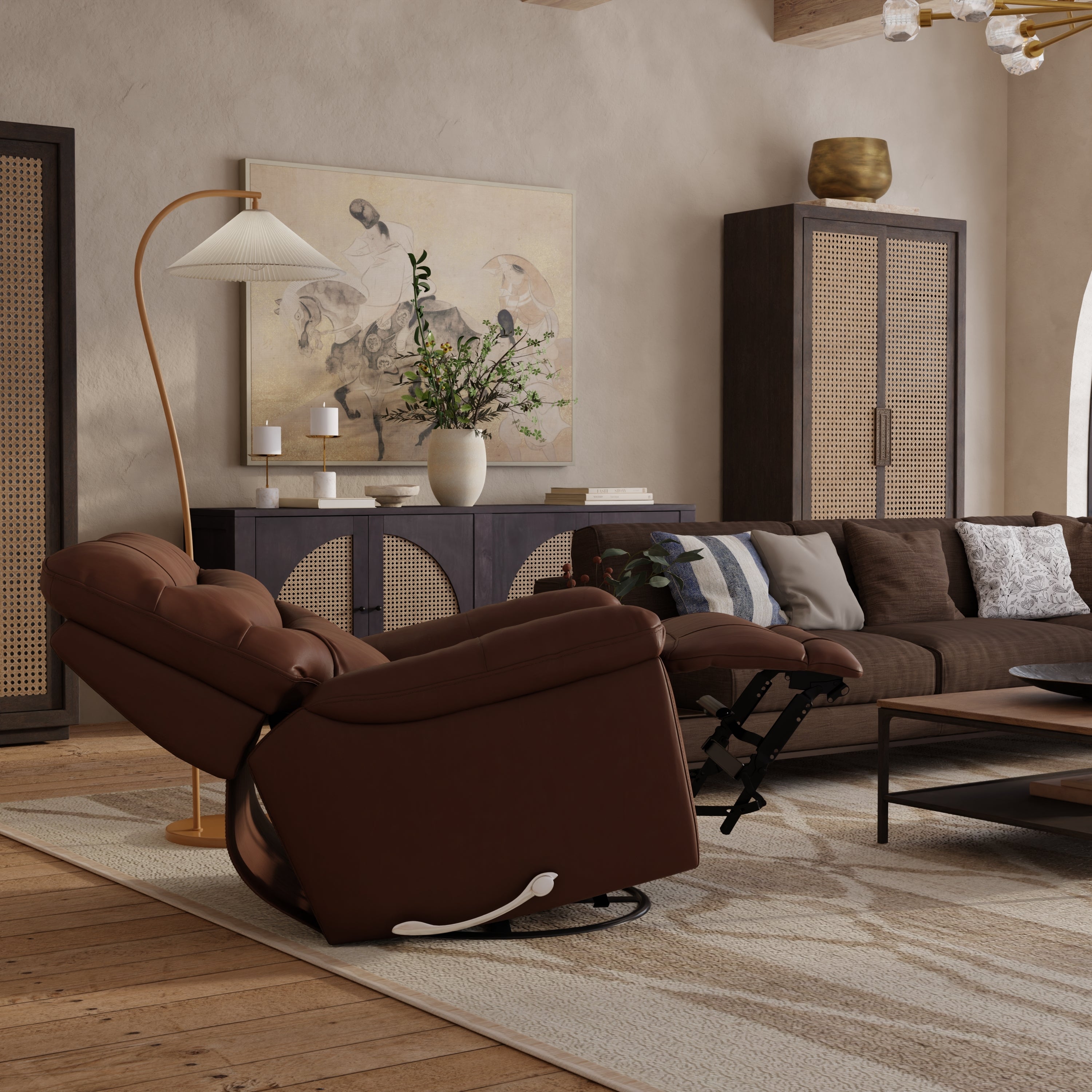 Global Home Swivel Glider Recliner with Manual Footrest In Oslo Pecan