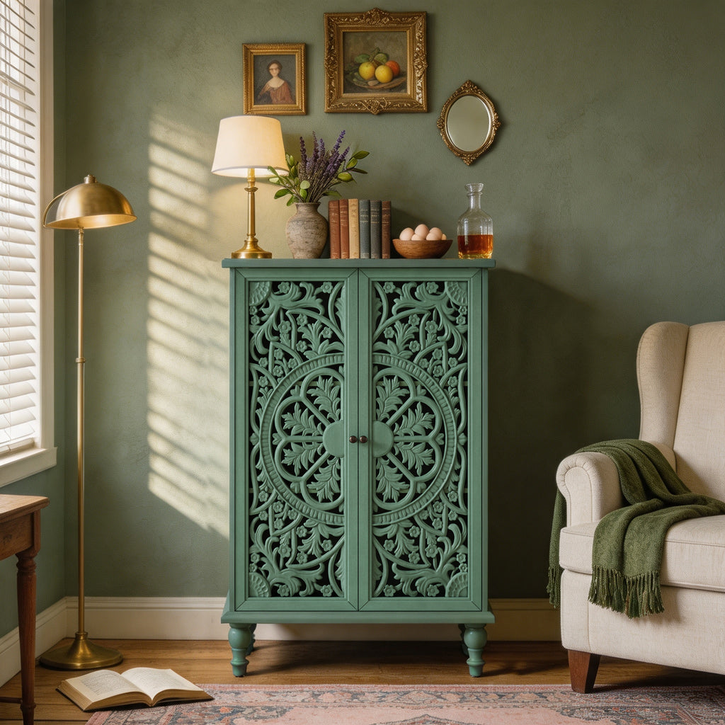 Tall Accent Cabinet with Carved Double Doors, Antique Green, 47-Inch