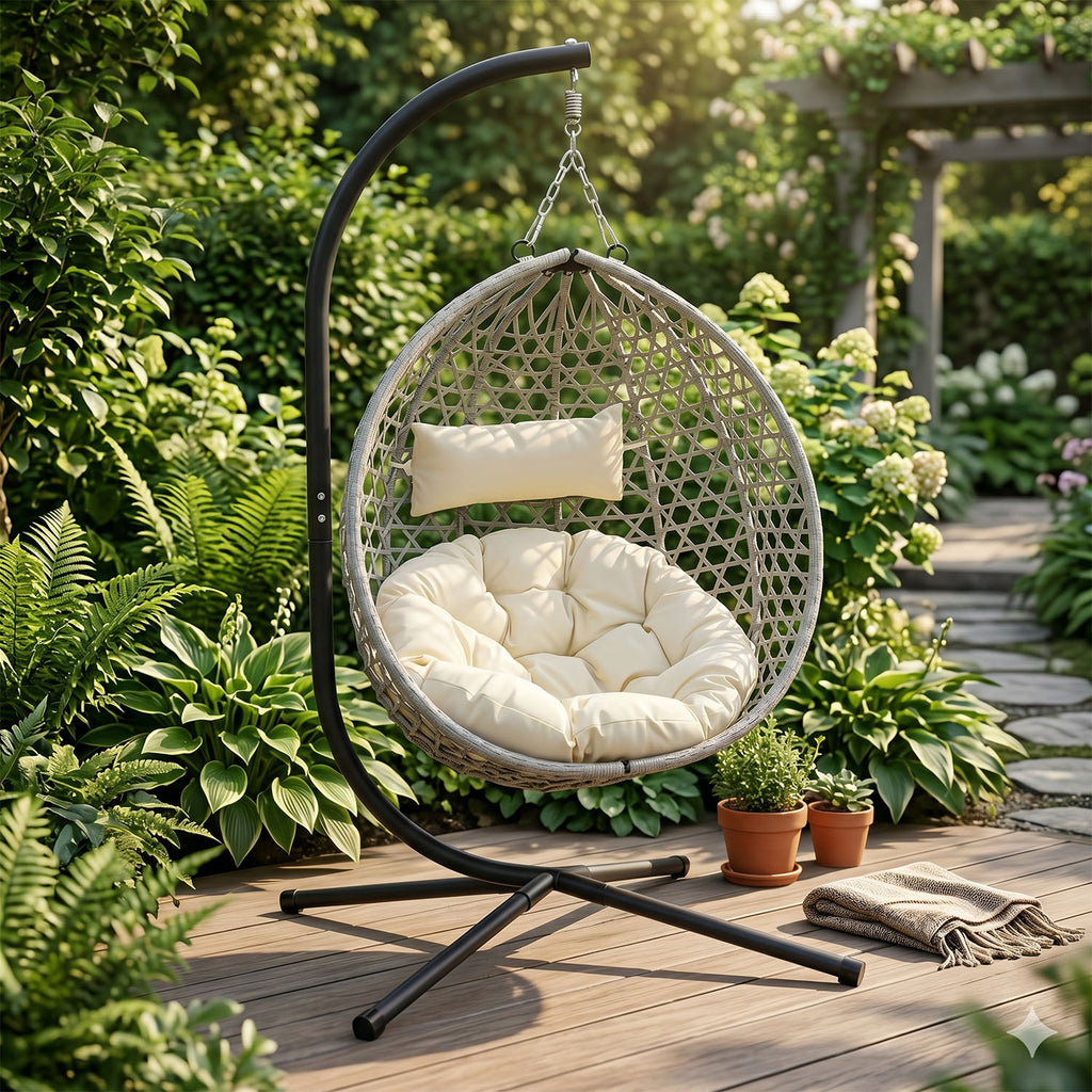 Folding PE Rattan Hanging Egg Chair with Stand