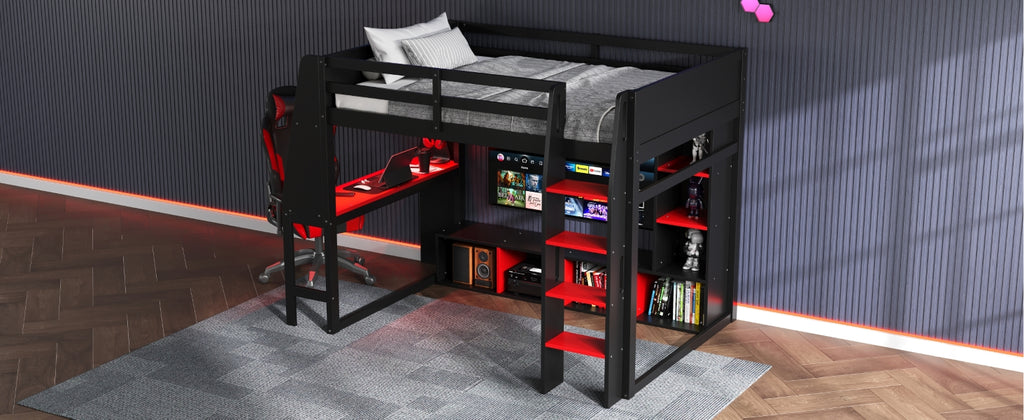 Wood Full Size Gaming Loft Bed with Desk, Multi-storage Shelves, LED and a Hanging Clothes Rack