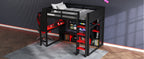 Wood Full Size Gaming Loft Bed with Desk, Multi-storage Shelves, LED and a Hanging Clothes Rack