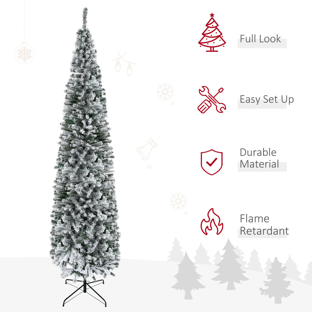 HOMCOM 9' Tall Unlit Snow-Flocked Slim Artificial Christmas Tree