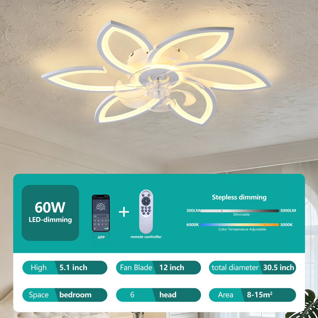 30-Inch White Flower Ceiling Fan with Integrated LED Light and Remote Control
