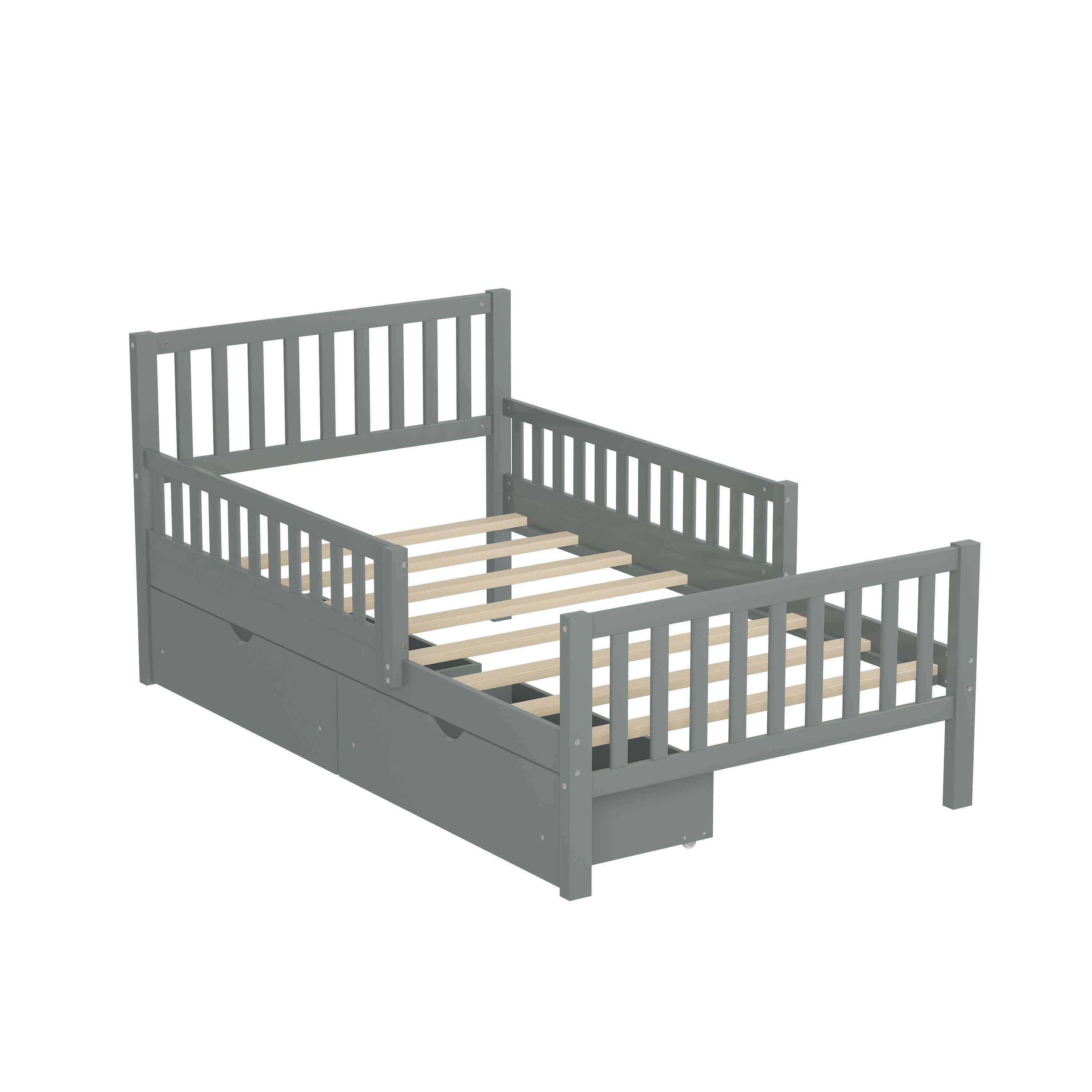 Twin Size Wood Platform Bed with Guardrails on Both Sides and Two Storage Drawers