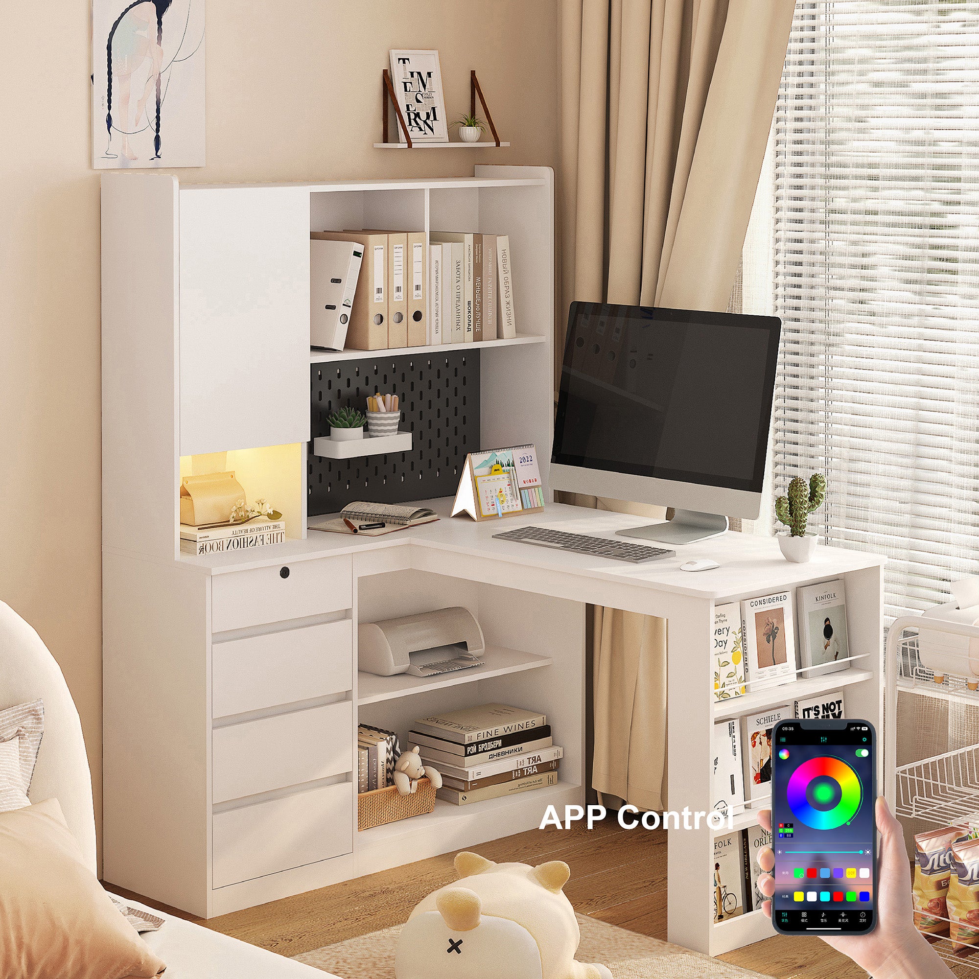 L Shaped Desk with Charger and LED Light