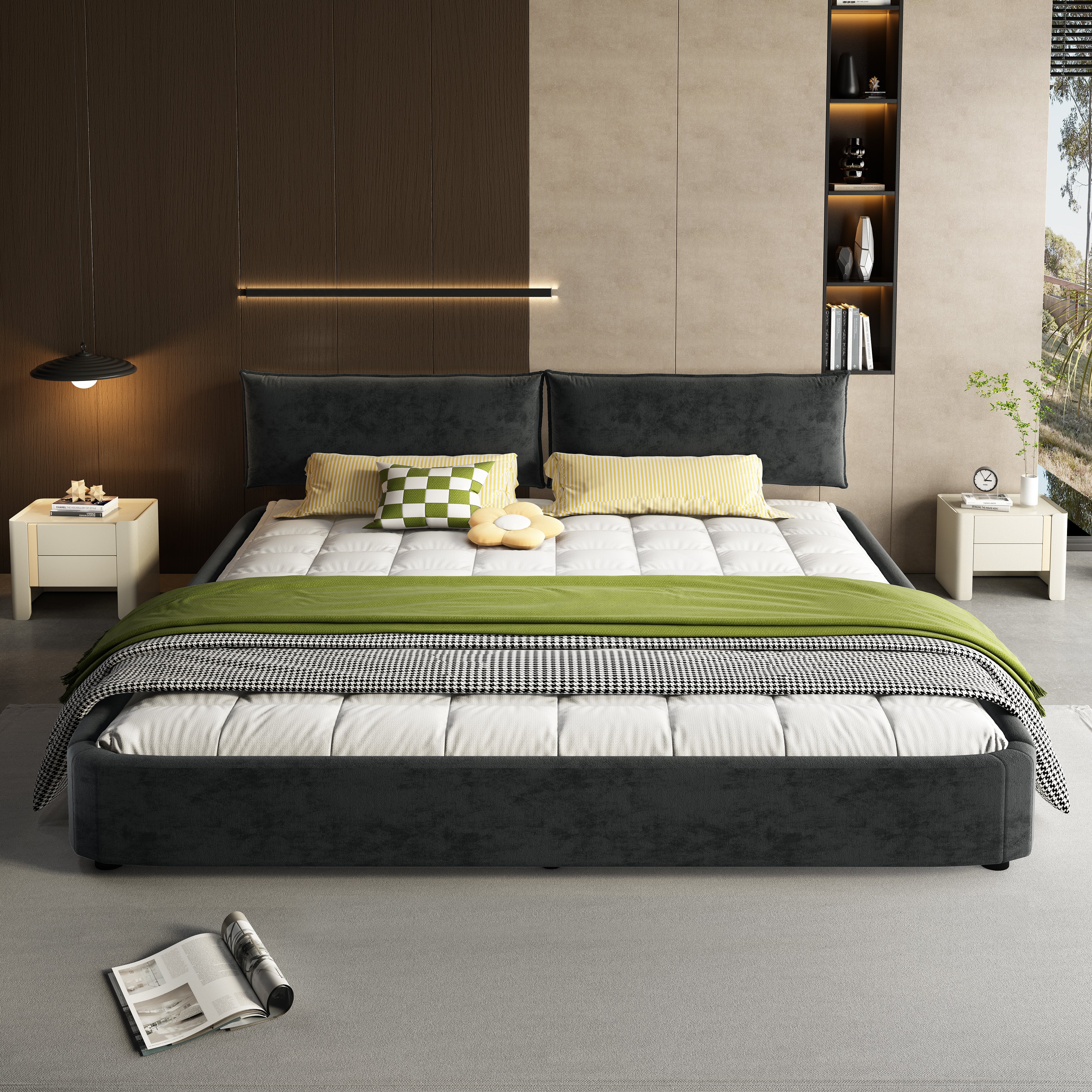 King Size Cloud Bed Frame with Oversized Padded Movable Headboard