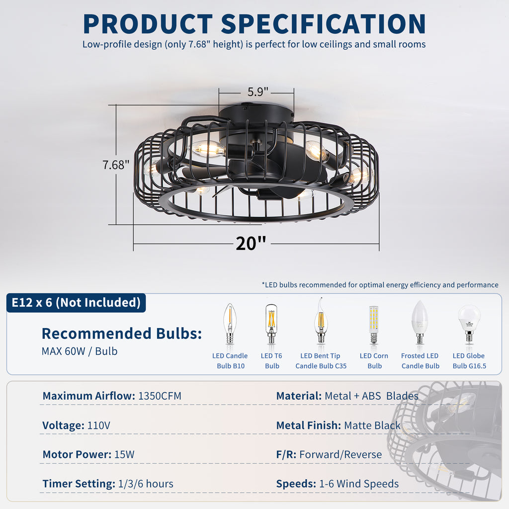 20" Low-Profile Caged Ceiling Fan Light